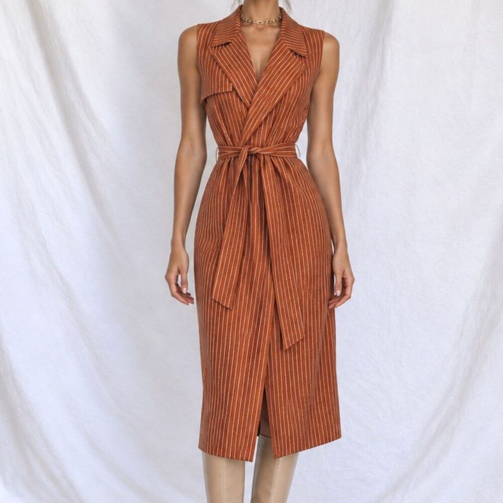Mango Orange Sleeveless Striped Waist Tie Trenchcoat Vest Midi Dress Size XS/S/M